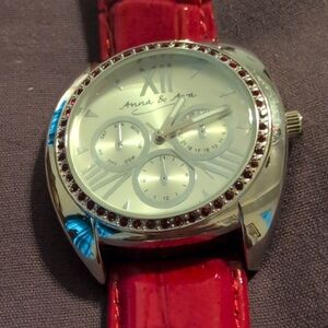 Red Strap Silver Watch with Crystal Accents